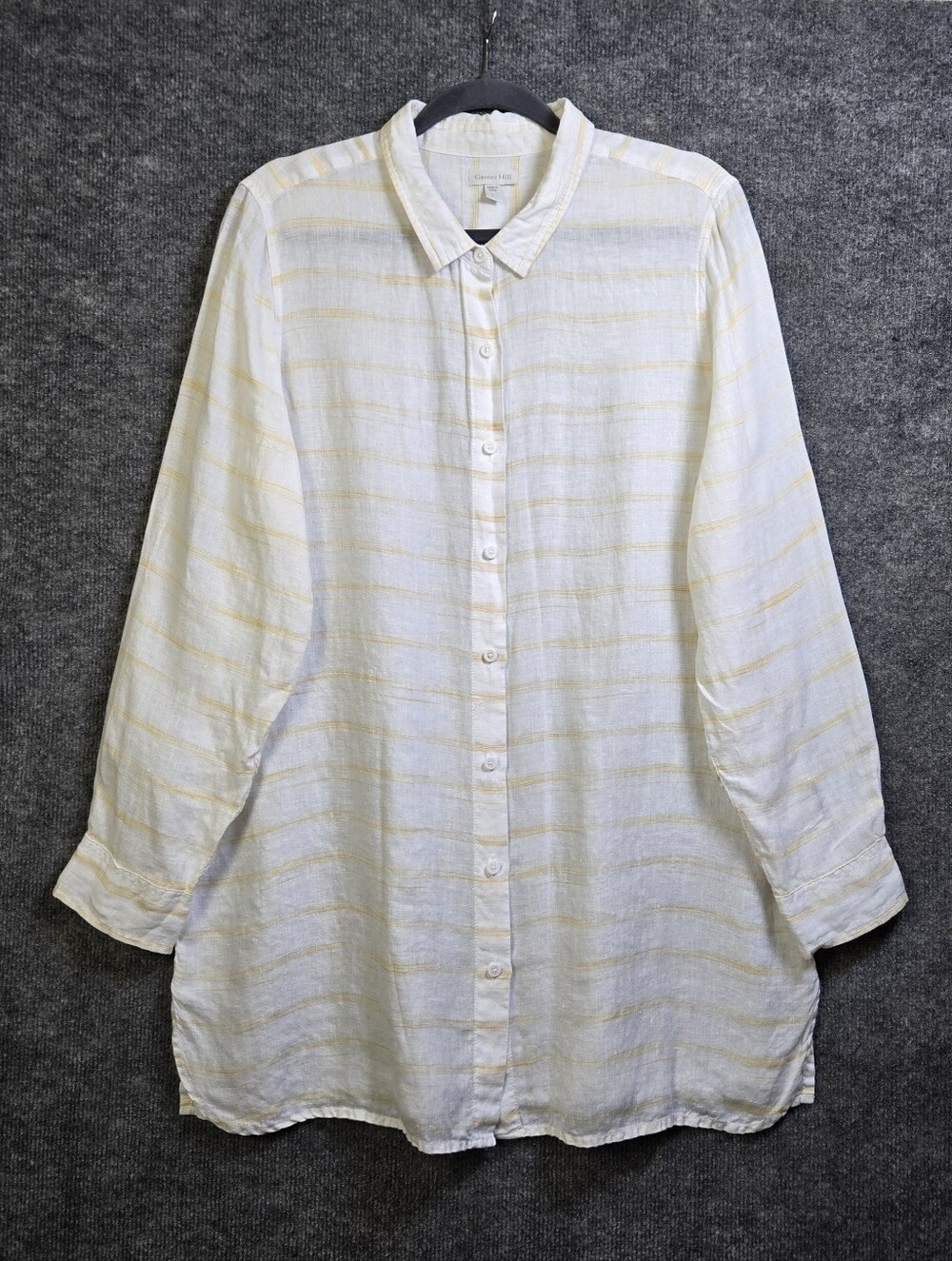 Garnet Hill Shirt Womens Pale Yellow Stripe Linen Tunic Button Up Airy